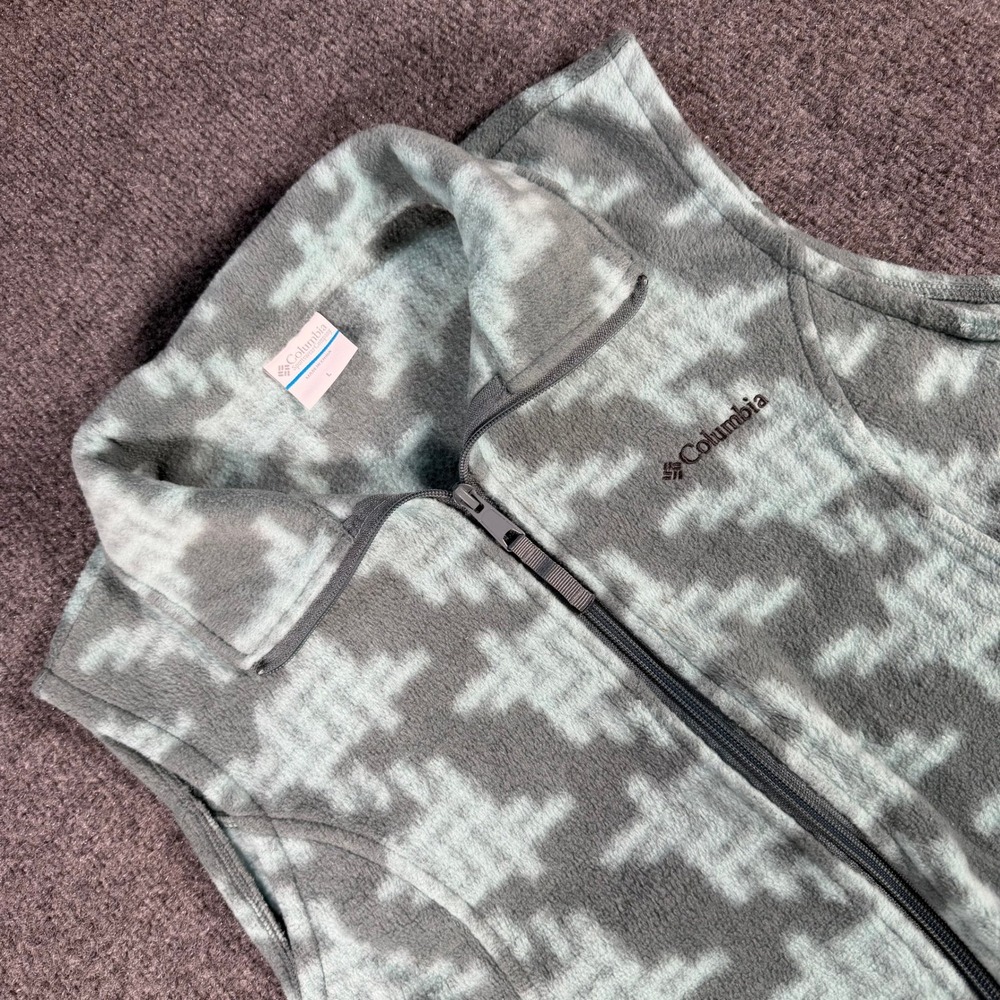 Columbia Womens Fleece Vest Grey Mint Green Houndstooth Full Zip Large #4278